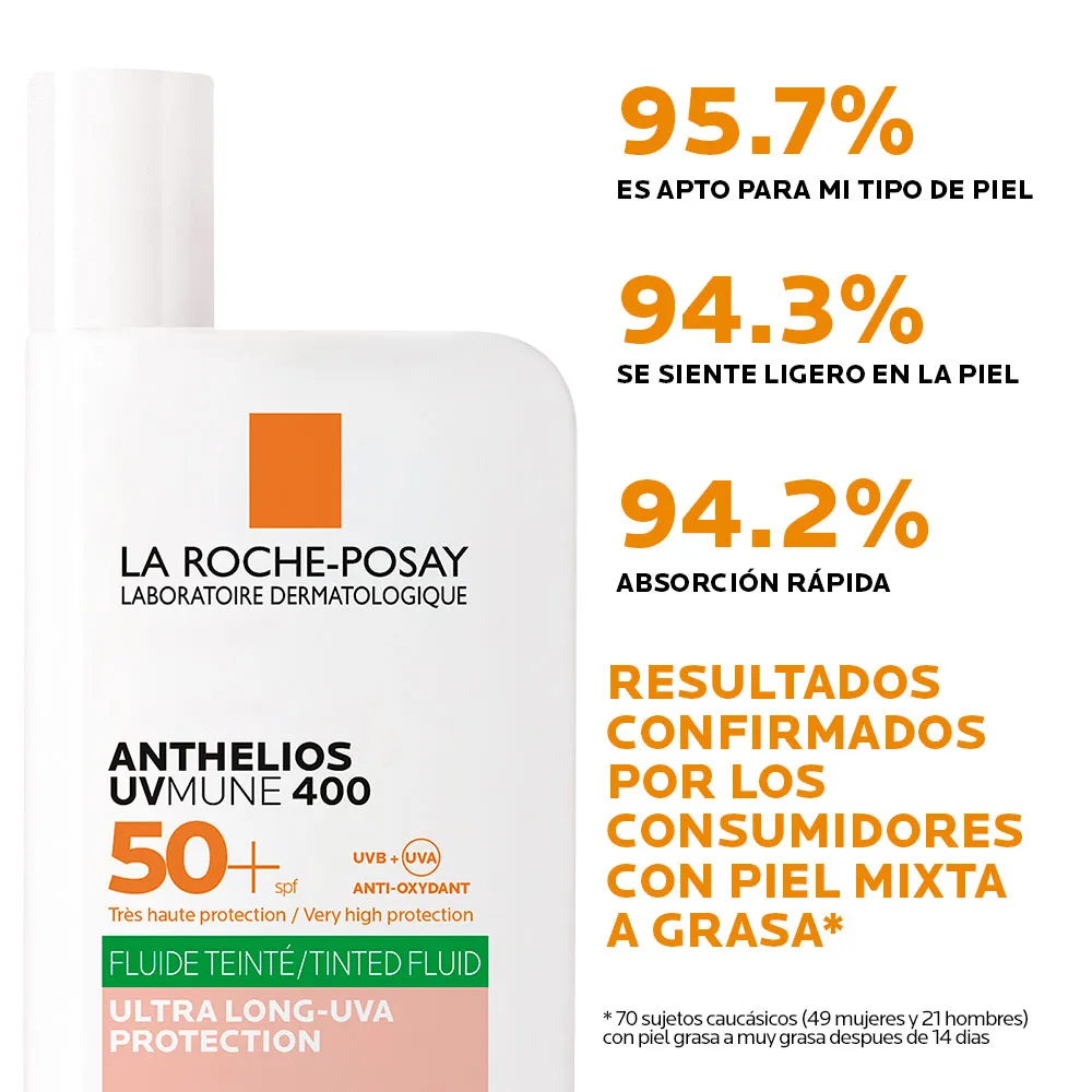 Protector Solar La Roche Posay Anthelios UVMune 400 Oil Control Fluido con color FPS 50+ Frasco x50ml. Protector Solar La Roche Posay Anthelios UVMune 400 Oil Control Fluido con color FPS 50+ Frasco x50ml.