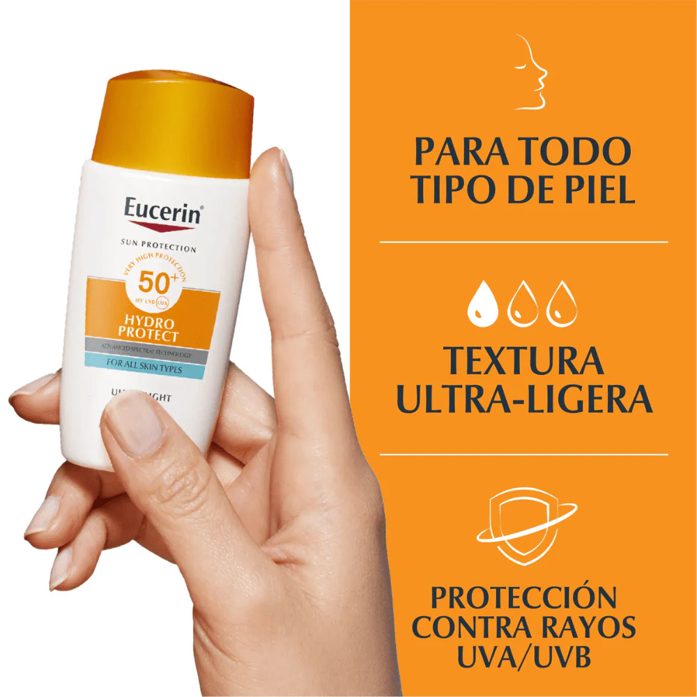 Protector Solar Facial Eucerin Hydro Fluid Textura Ultra Ligera FPS 50+ Frasco x50ml.
