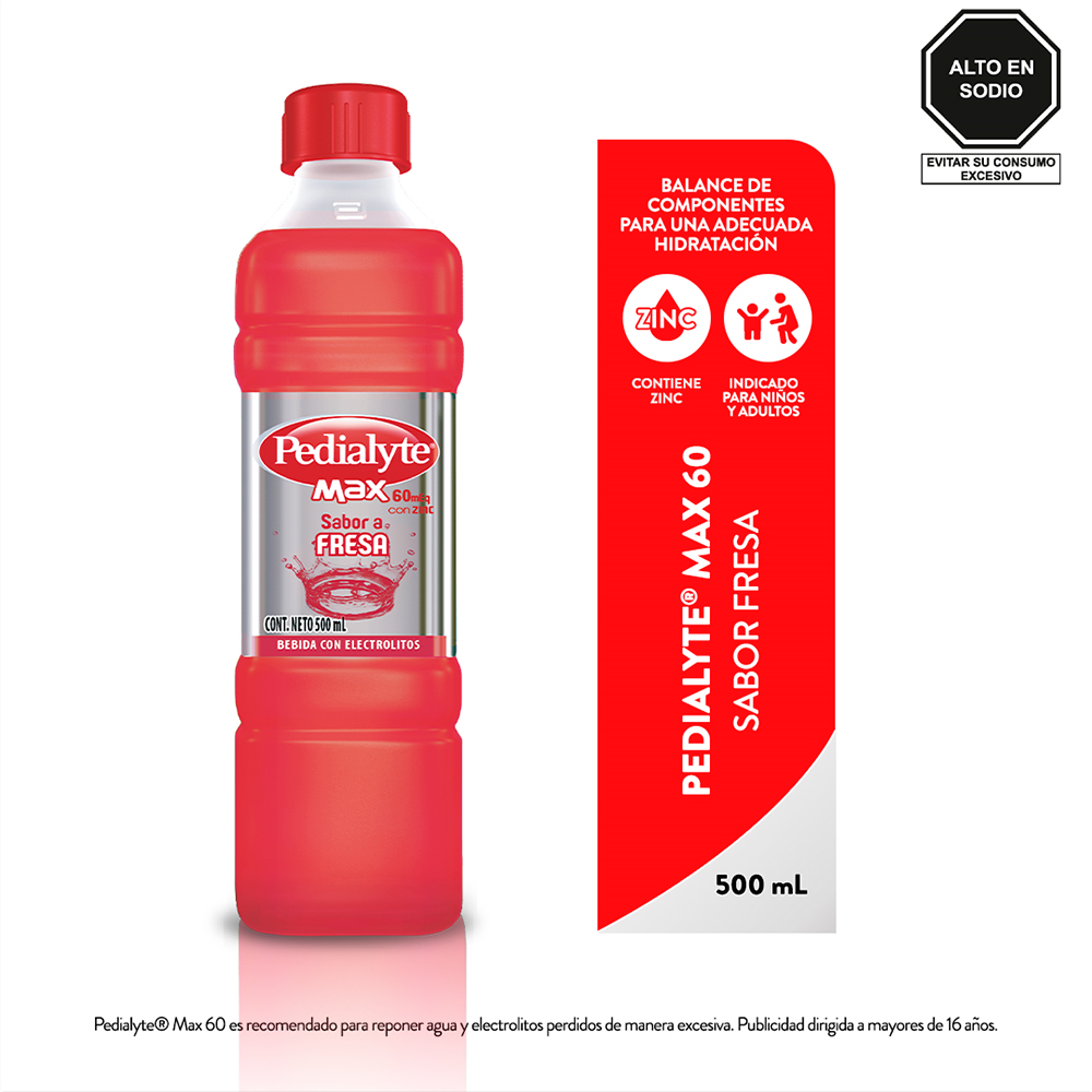 Pedialyte Max 60 meq bebida con electrolitos sabor fresa