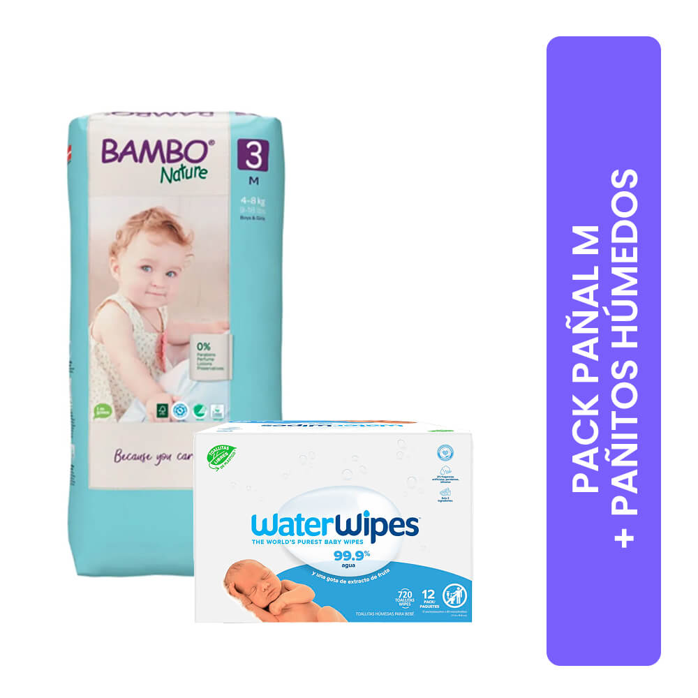 Pack Pañal Bambo Nature Tall M 52u + WaterWipes 720u Pack Pañal Bambo Nature Tall M 52u + WaterWipes 720u